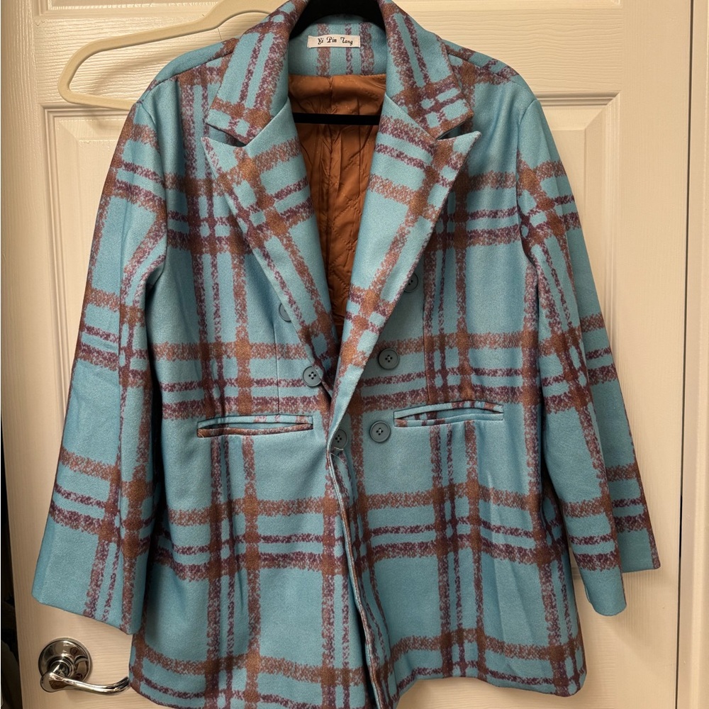Plaid Women's Jacket and midi skirt set in Blue and Brown